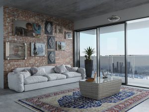 Glass wall grey tones living room