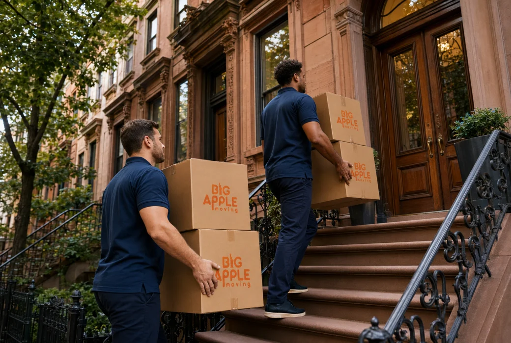 Two movers carrying Big Apple Moving cartons up the front stoop of a Brooklyn brownstone