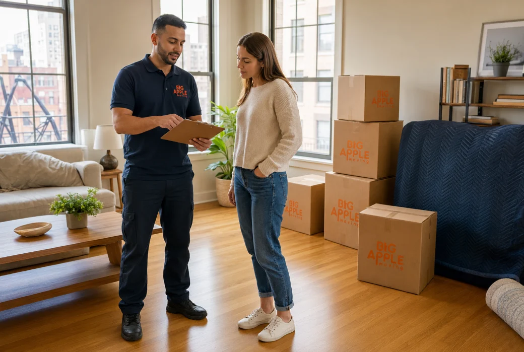 A Big Apple Moving crew lead going through a written flat fee quote with a customer in a New York City apartment