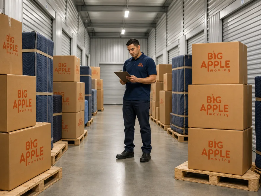 Big Apple Moving branded cartons stored in a climate-controlled storage facility in New York