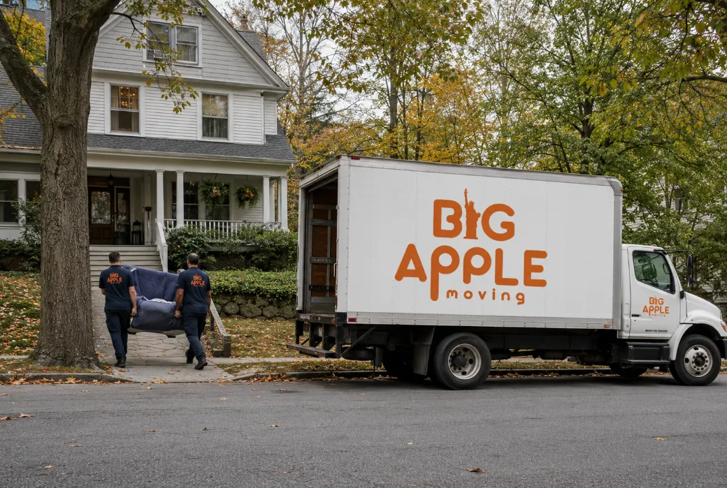 A Big Apple Moving truck parked on a tree-lined street outside an older detached house in Hastings-on-Hudson