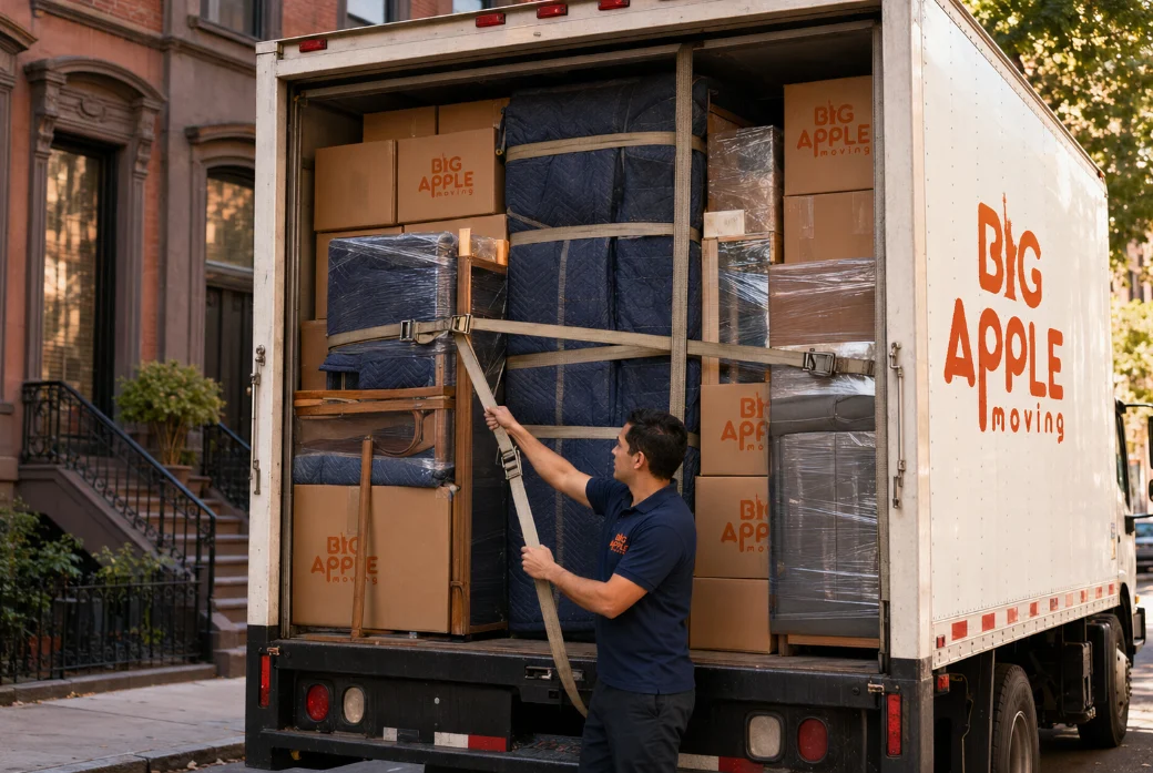 A Big Apple Moving truck loaded with blanket-wrapped furniture and branded cartons, secured with straps