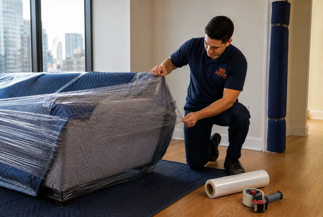 A Big Apple Moving mover wrapping a sofa in moving blankets and shrink wrap inside a New York City apartment