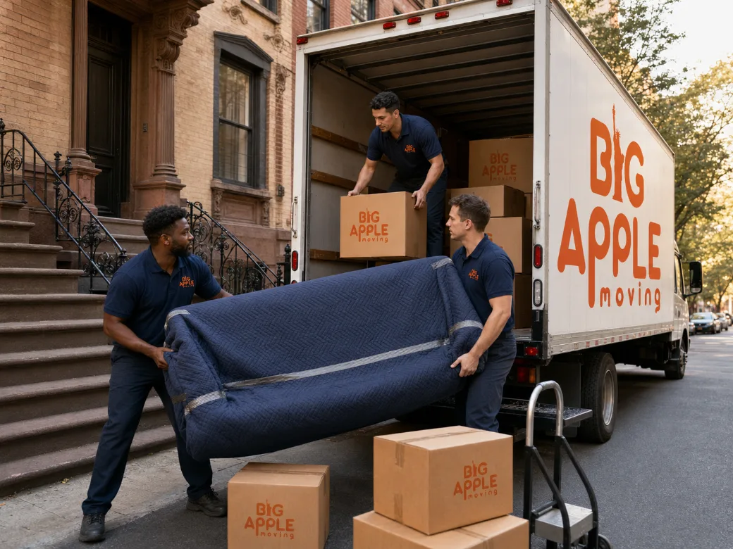 Big Apple Moving crew loading a branded moving truck outside a New York City apartment building