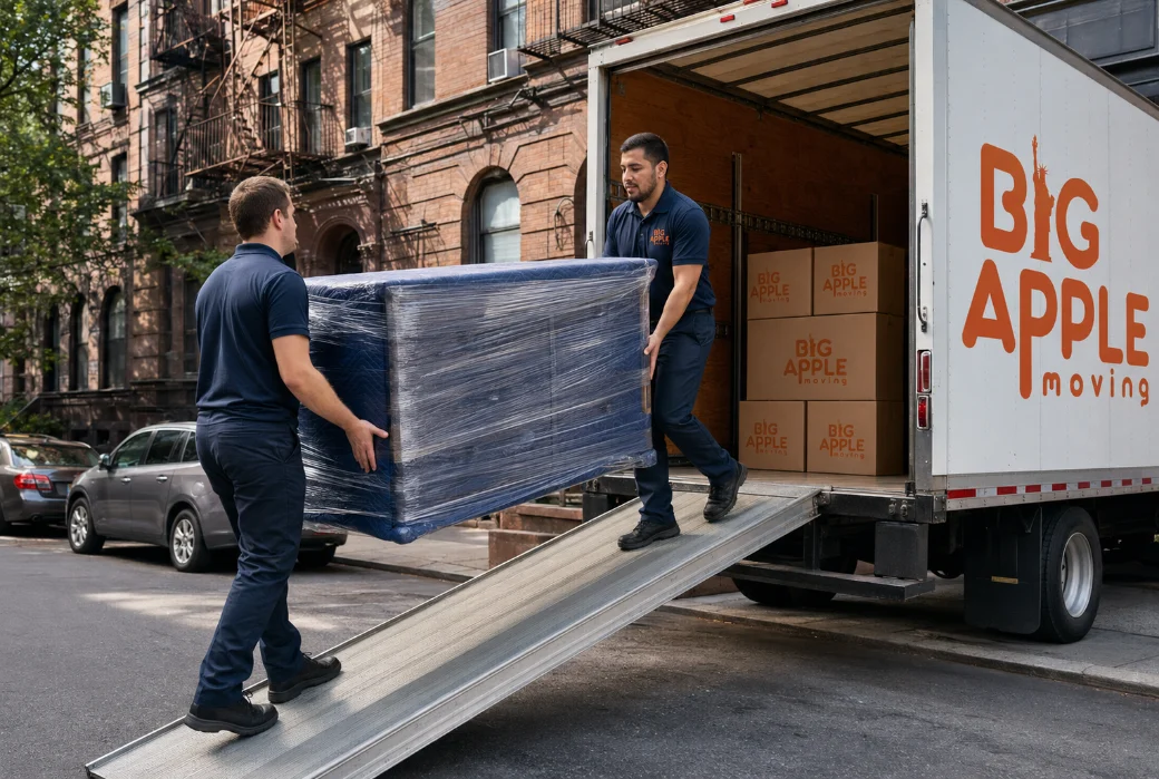 Two Big Apple Moving movers loading a blanket-wrapped dresser into a Big Apple Moving truck on a Manhattan street