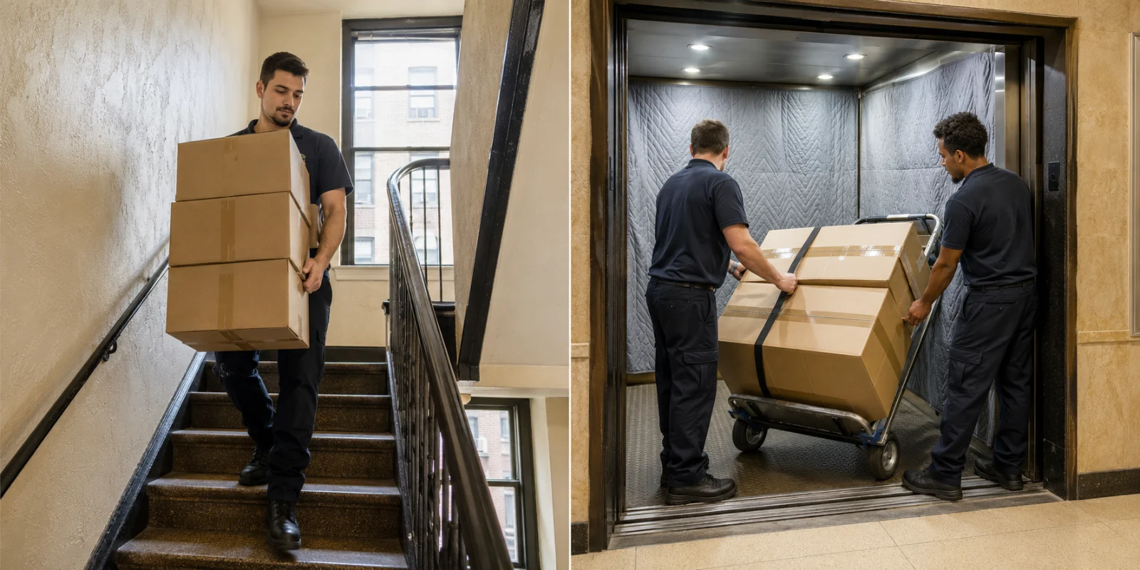 Side by side comparison of movers carrying boxes down a narrow NYC walk-up staircase and loading a padded freight elevator