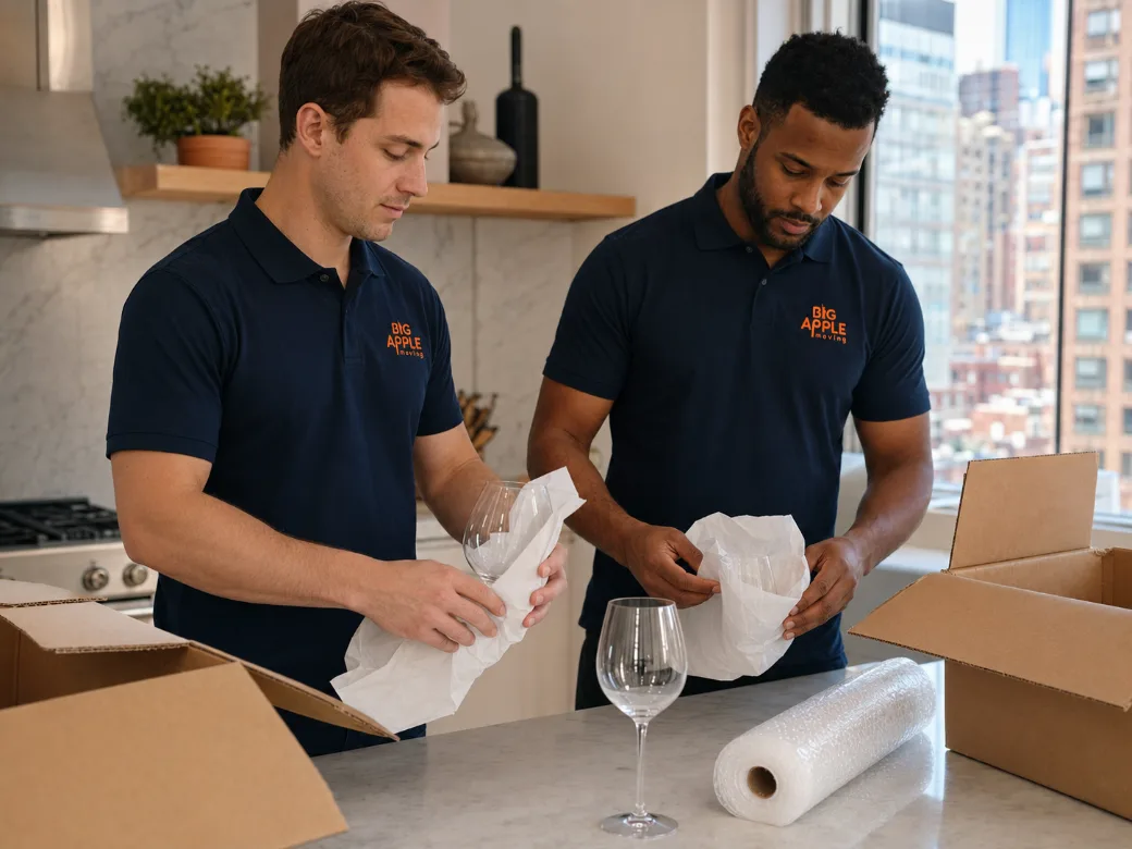 Big Apple Moving packers wrapping glassware in packing paper in a New York City kitchen