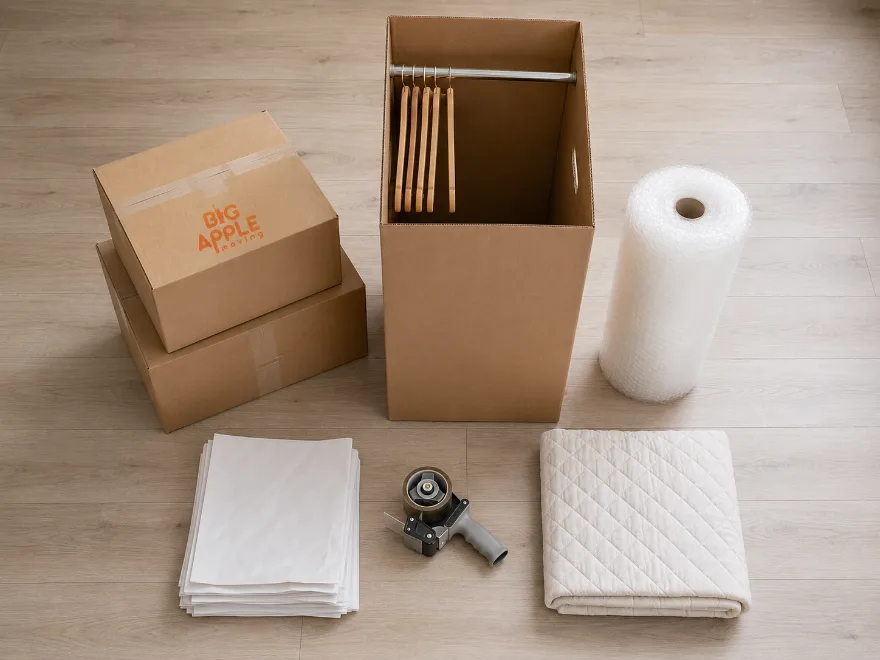 Packing materials laid out including double-walled cartons, wardrobe boxes, packing paper and bubble wrap