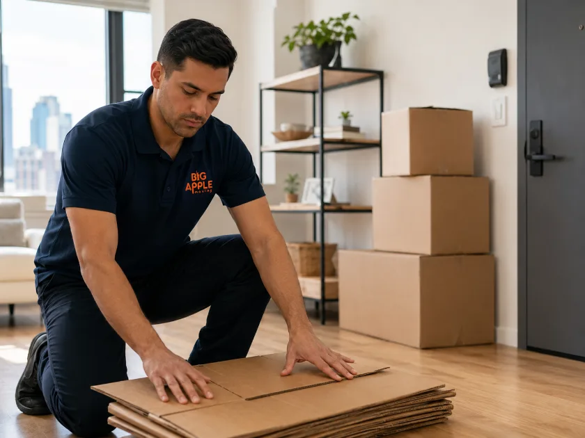 Mover unpacking boxes and removing empty cartons from a New York City apartment