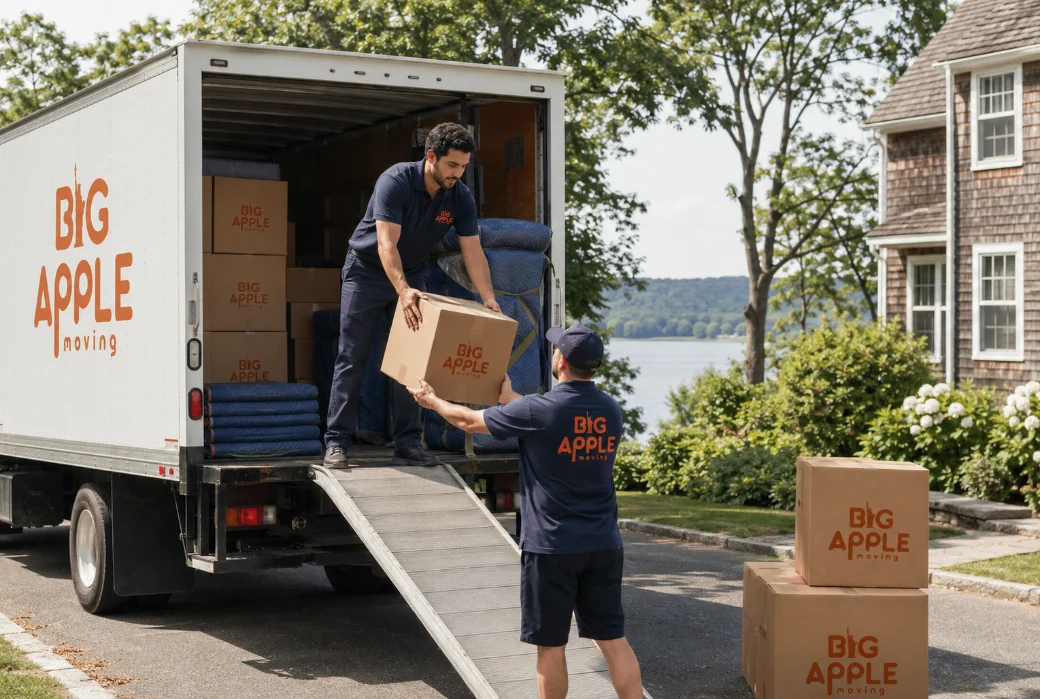 A Big Apple Moving crew loading branded cartons into a truck outside a house overlooking the Hudson River