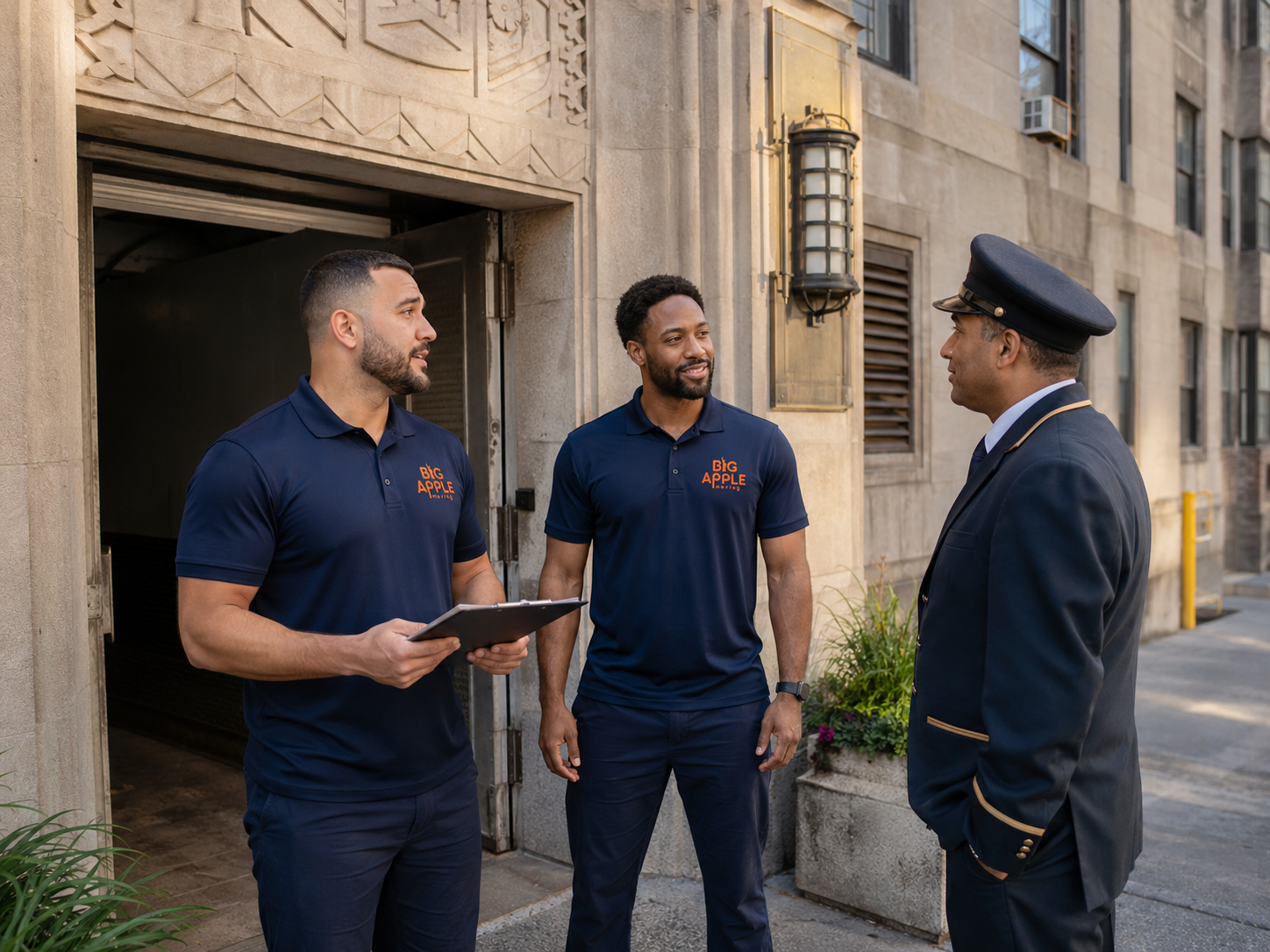 Big Apple Moving crew coordinating with a Bronx building doorman during a move