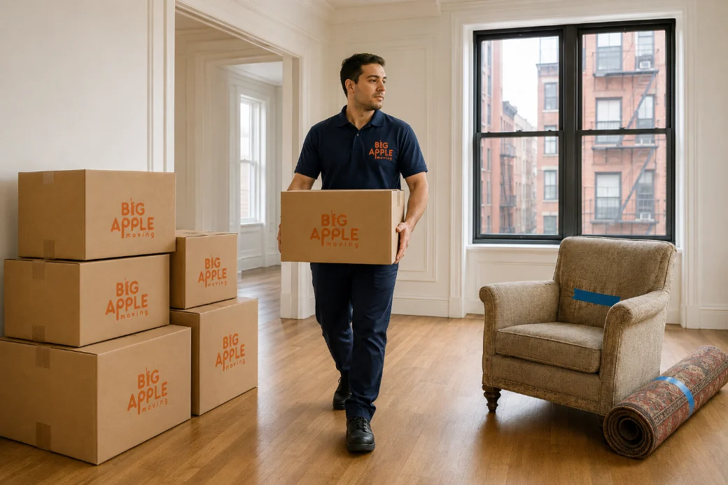 Big Apple Moving crew separating packed boxes from junk-removal items during an NYC move