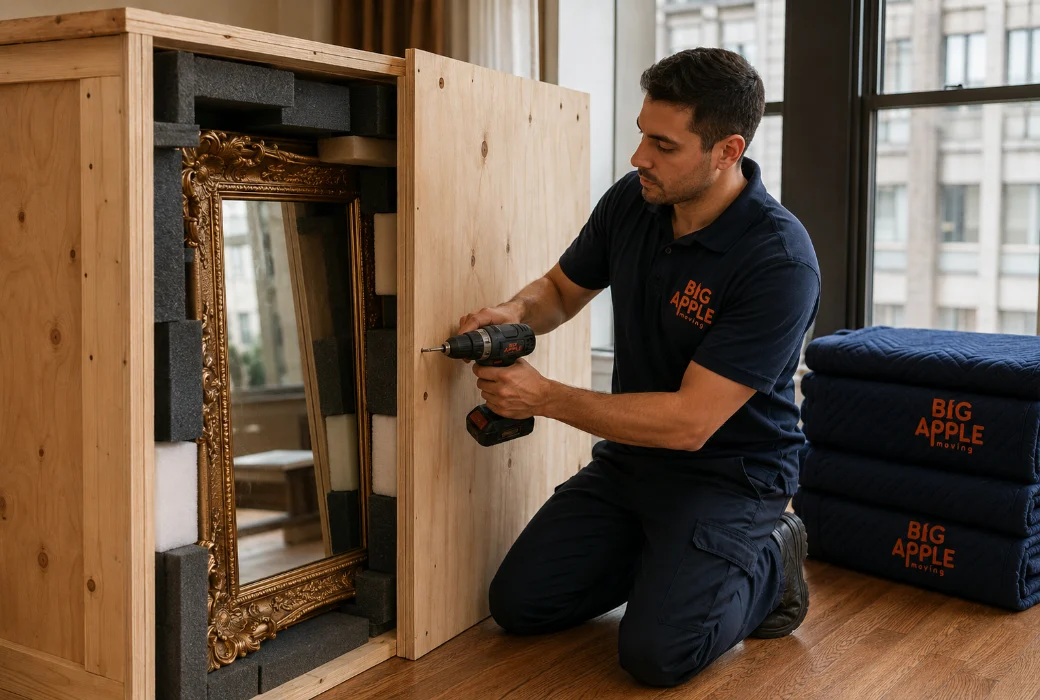 A Big Apple Moving crew member securing a custom-built plywood crate lined with foam around a gilt-framed antique mirror in a New York apartment