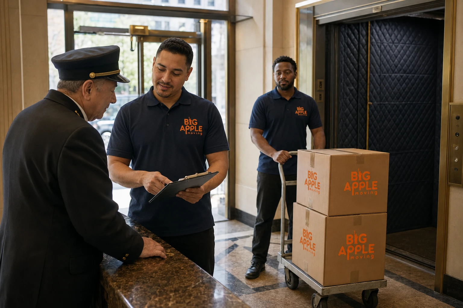 Big Apple Moving crew checking in with a doorman in a New York apartment building lobby before starting a move