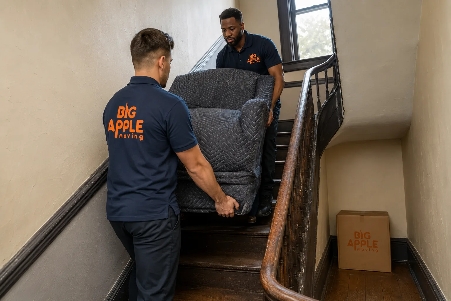 Big Apple Moving crew carrying a wrapped armchair down a narrow pre-war walk-up stairwell in New York