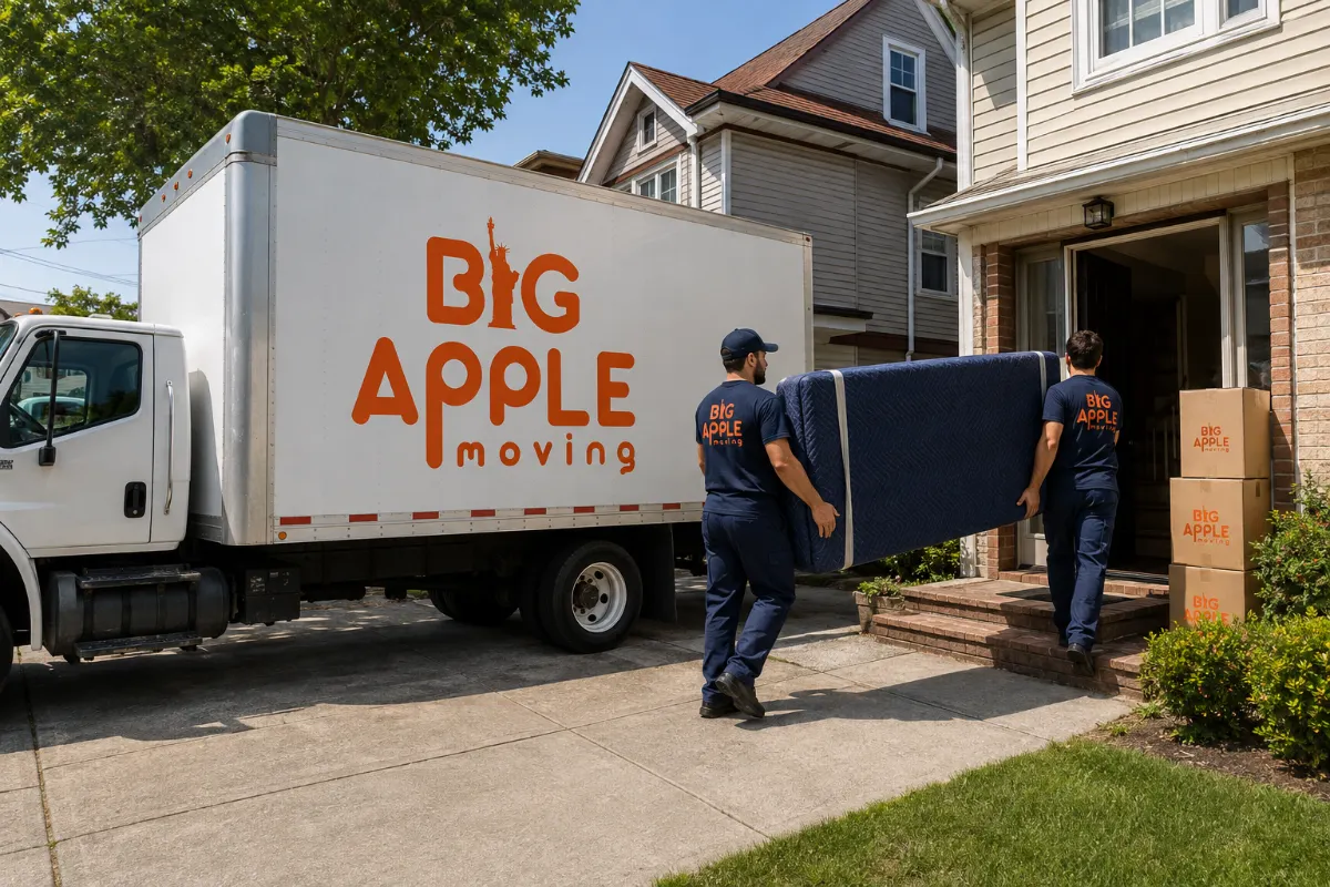 Big Apple Moving truck parked in the driveway of a Brooklyn house while the crew loads