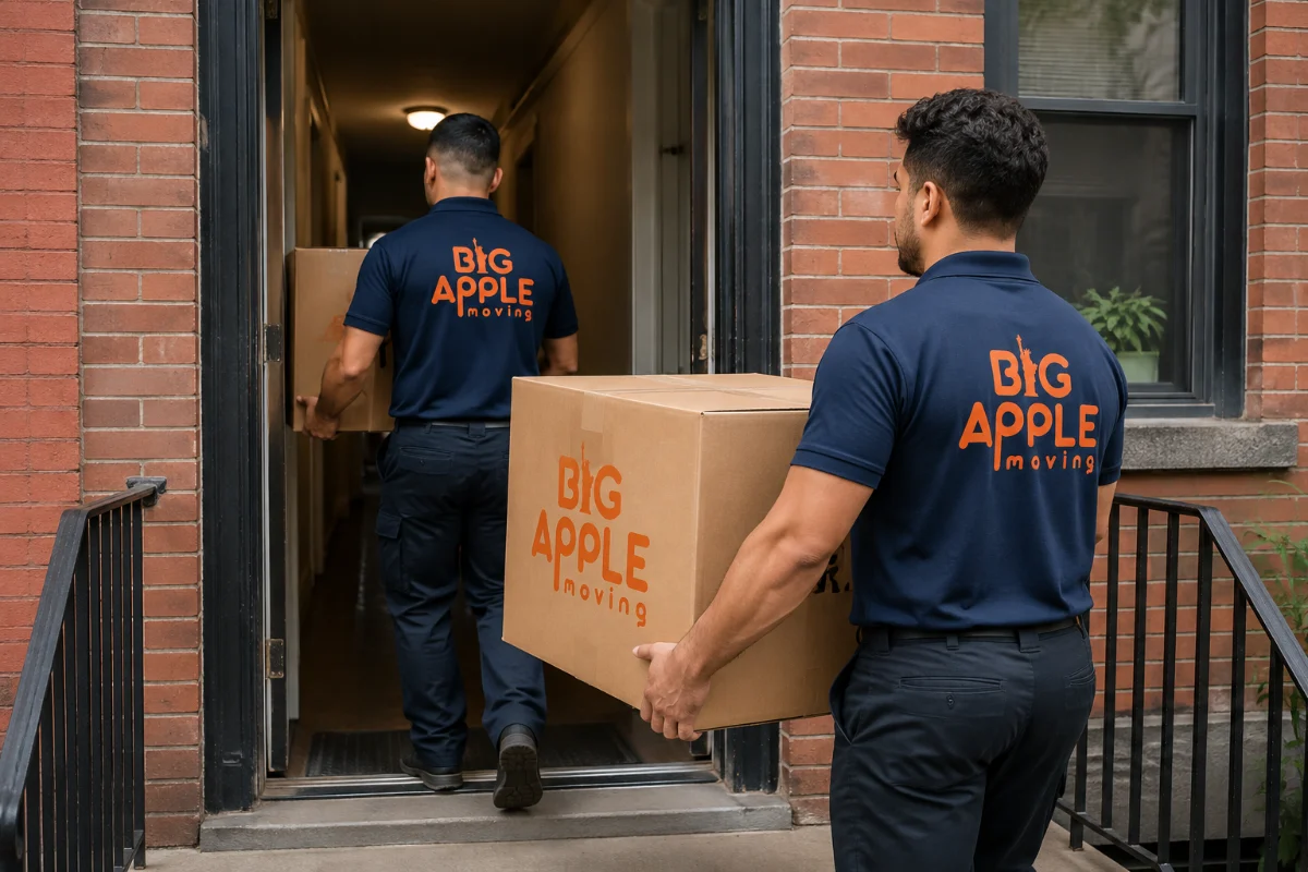 Movers carrying boxes into a Bushwick loft conversion