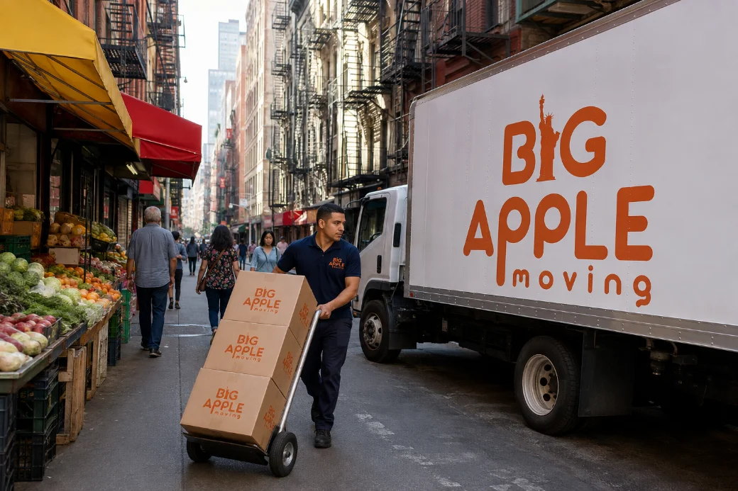 Big Apple Moving truck and crew working on a busy storefront-lined street in Chinatown, Manhattan