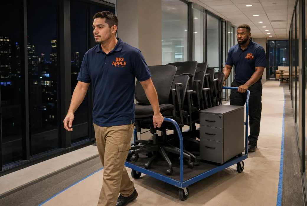 Two Big Apple Moving crew members wheeling stacked office chairs and a pedestal drawer unit on a flatbed dolly through a lit office corridor at night with floor protection laid down