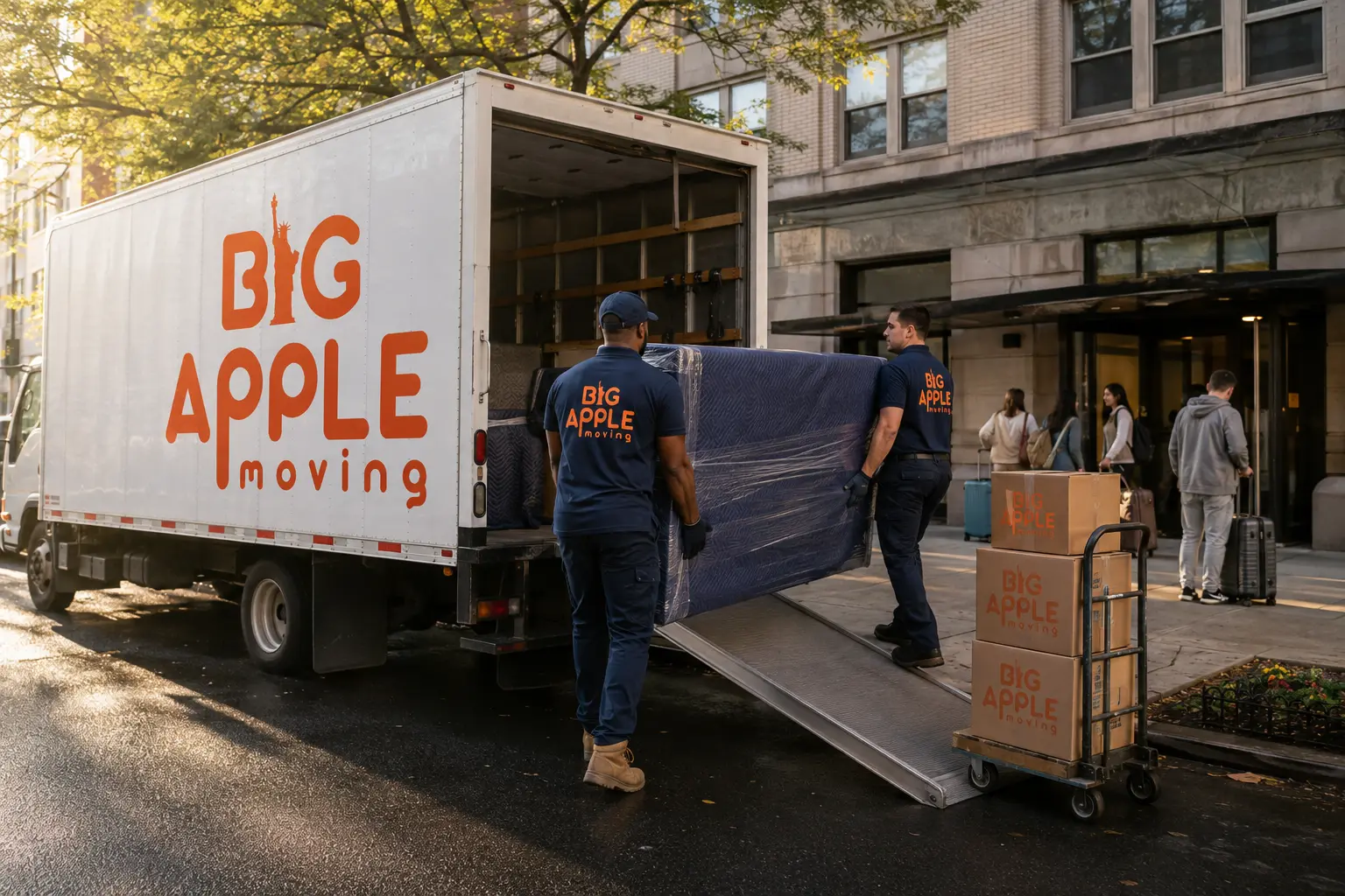 Big Apple Moving truck loading outside a New York City university residence hall on move-out day