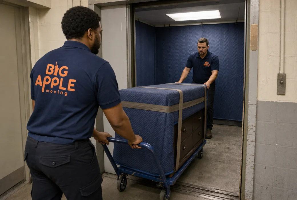 Two Big Apple Moving movers wheeling a wrapped dresser into a padded freight elevator in a New York City building