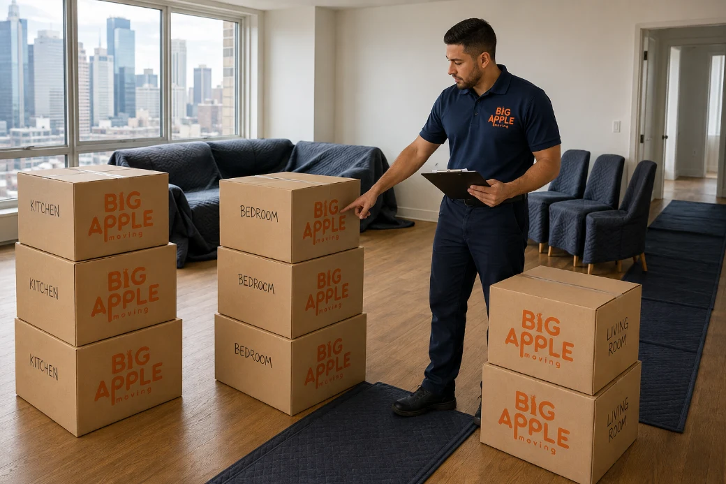 Labelled Big Apple Moving cartons stacked by room in a New York apartment with a mover checking an inventory sheet