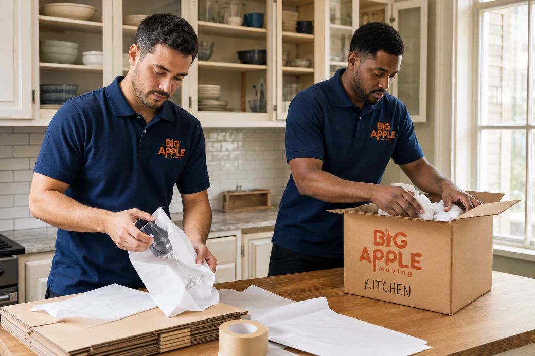 Big Apple Moving packing crew wrapping glassware and filling labelled cartons in a New York City apartment kitchen