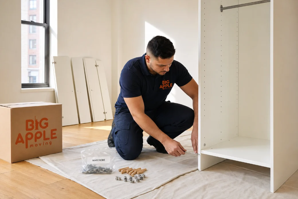A Big Apple Moving mover assembling a flat-pack wardrobe in a New York apartment, with the fixings laid out on a drop cloth beside him