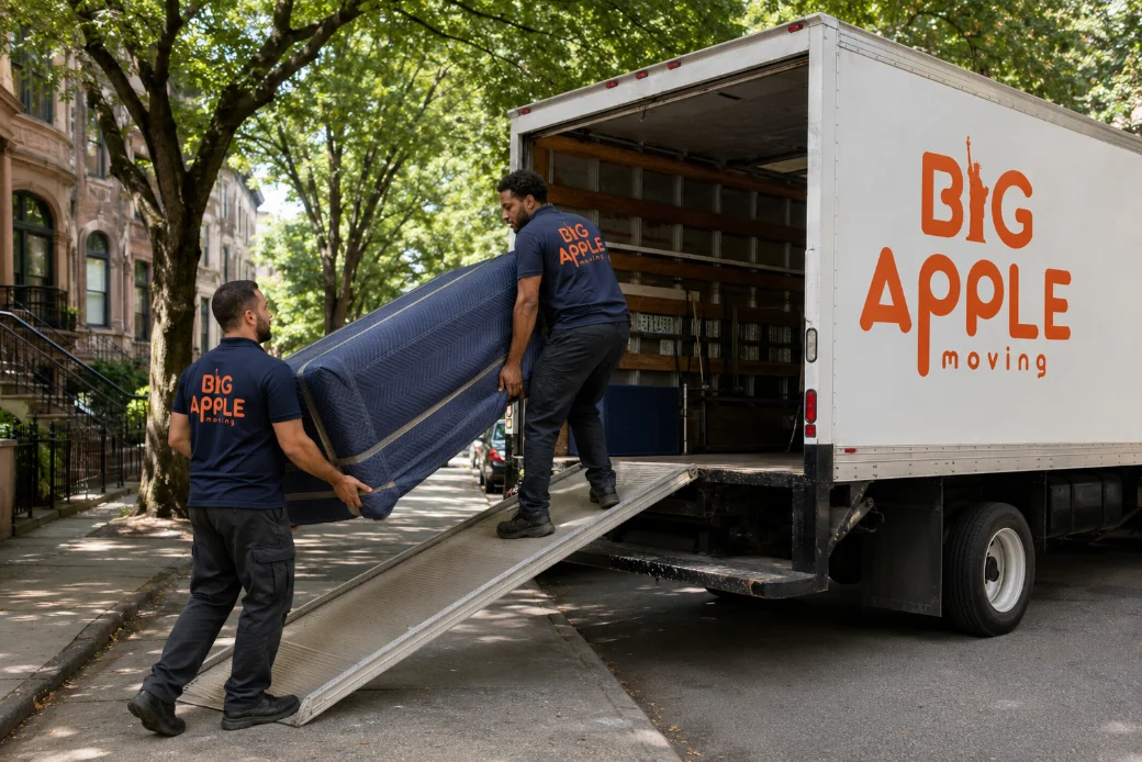 Two Big Apple Moving crew members loading wrapped furniture pieces onto a Big Apple Moving truck on a tree-lined NYC street