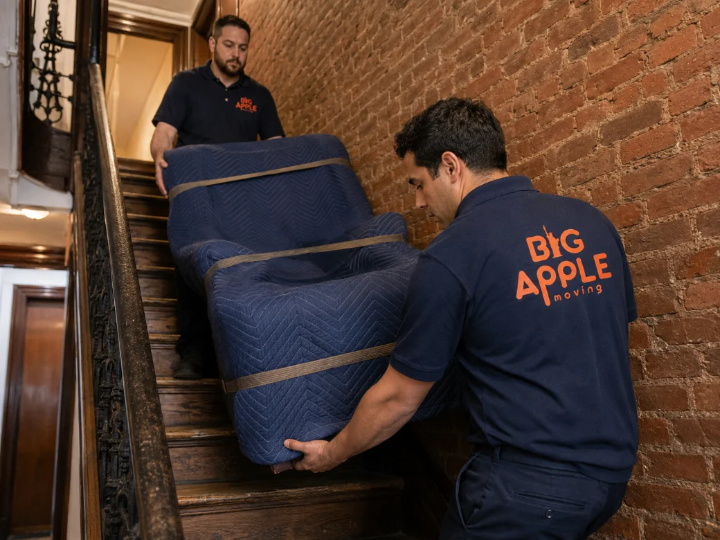 Two Big Apple Moving crew members carefully carrying a wrapped armchair down a narrow NYC brownstone staircase