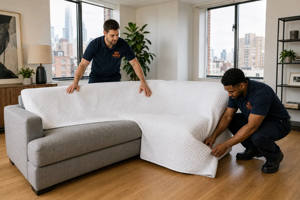 Two Big Apple Moving crew members in navy polos wrapping a large grey sectional sofa in moving blankets in an NYC apartment