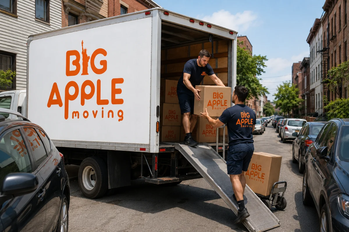 Big Apple Moving truck on a narrow Greenpoint street