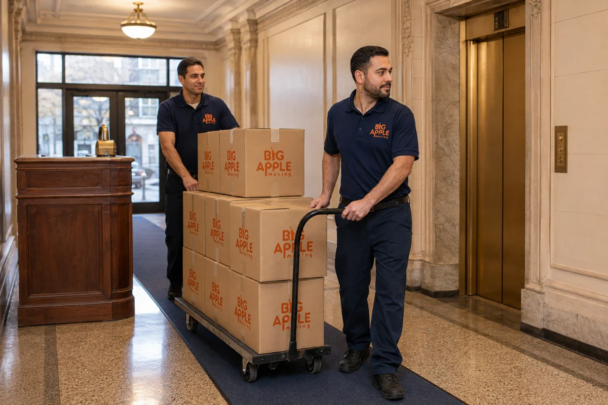 Big Apple Moving crew at a Greenpoint row house entrance