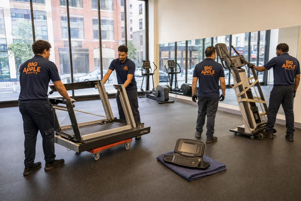 Big Apple Moving crew moving commercial cardio machines across an empty fitness studio floor in New York City