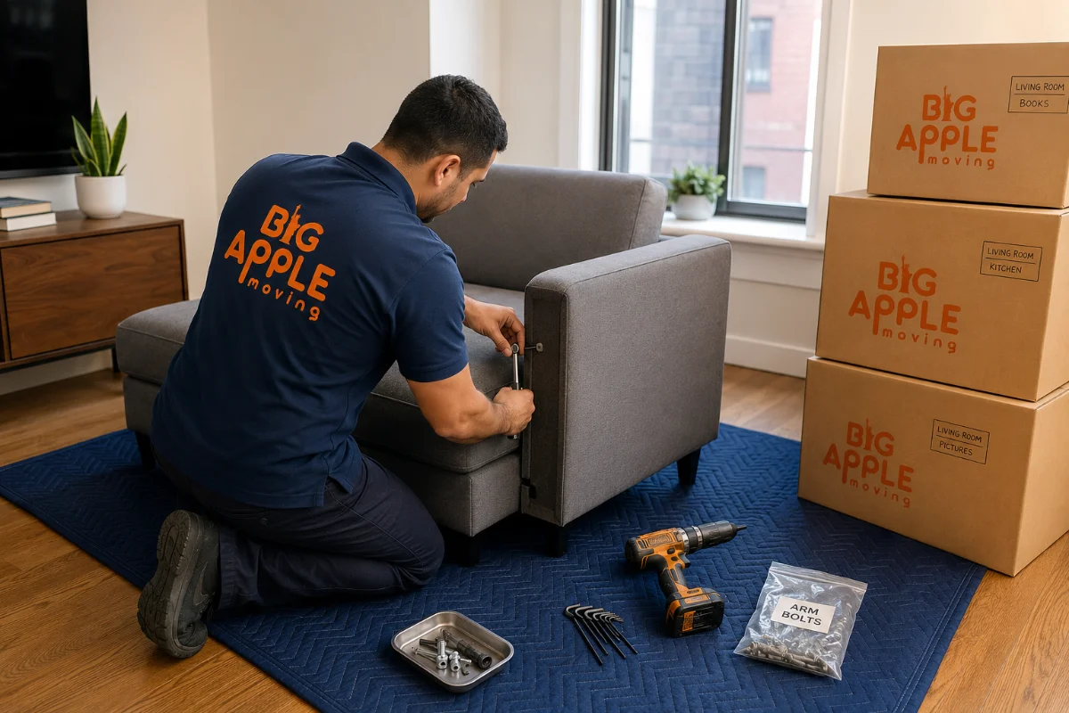 Big Apple Moving crew disassembling furniture in a Hoboken apartment