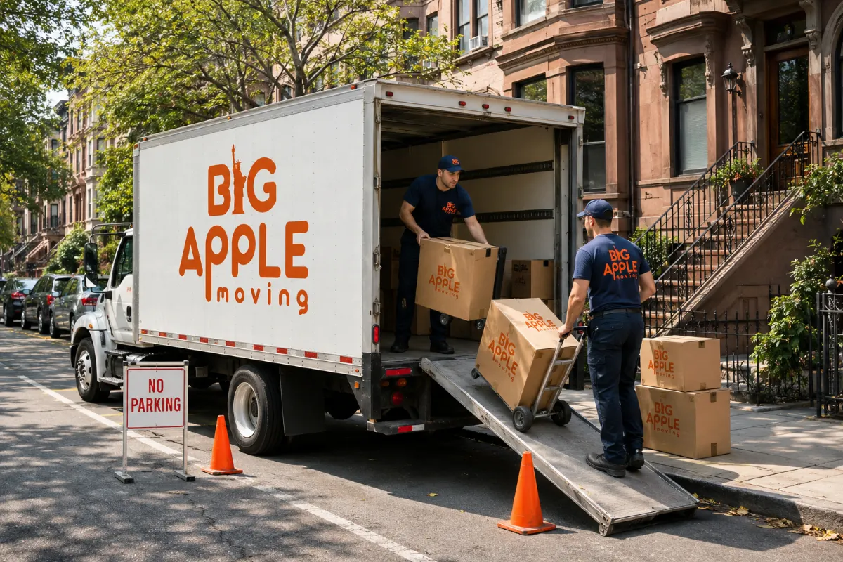 Big Apple Moving truck on a Hoboken row house street