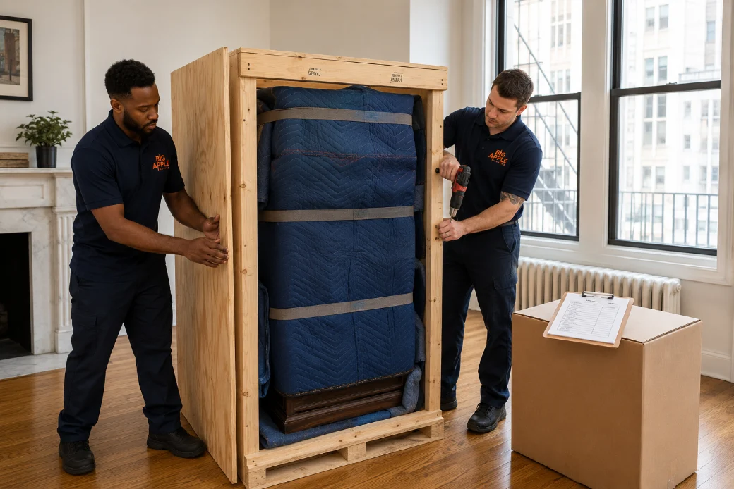 Big Apple Moving crew building a timber export crate around a wrapped cabinet in a New York apartment, with an itemised inventory sheet on a clipboard