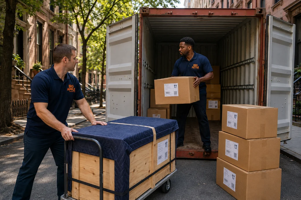 Big Apple Moving crew loading labelled export cartons and a crated item into a shipping container on a New York street