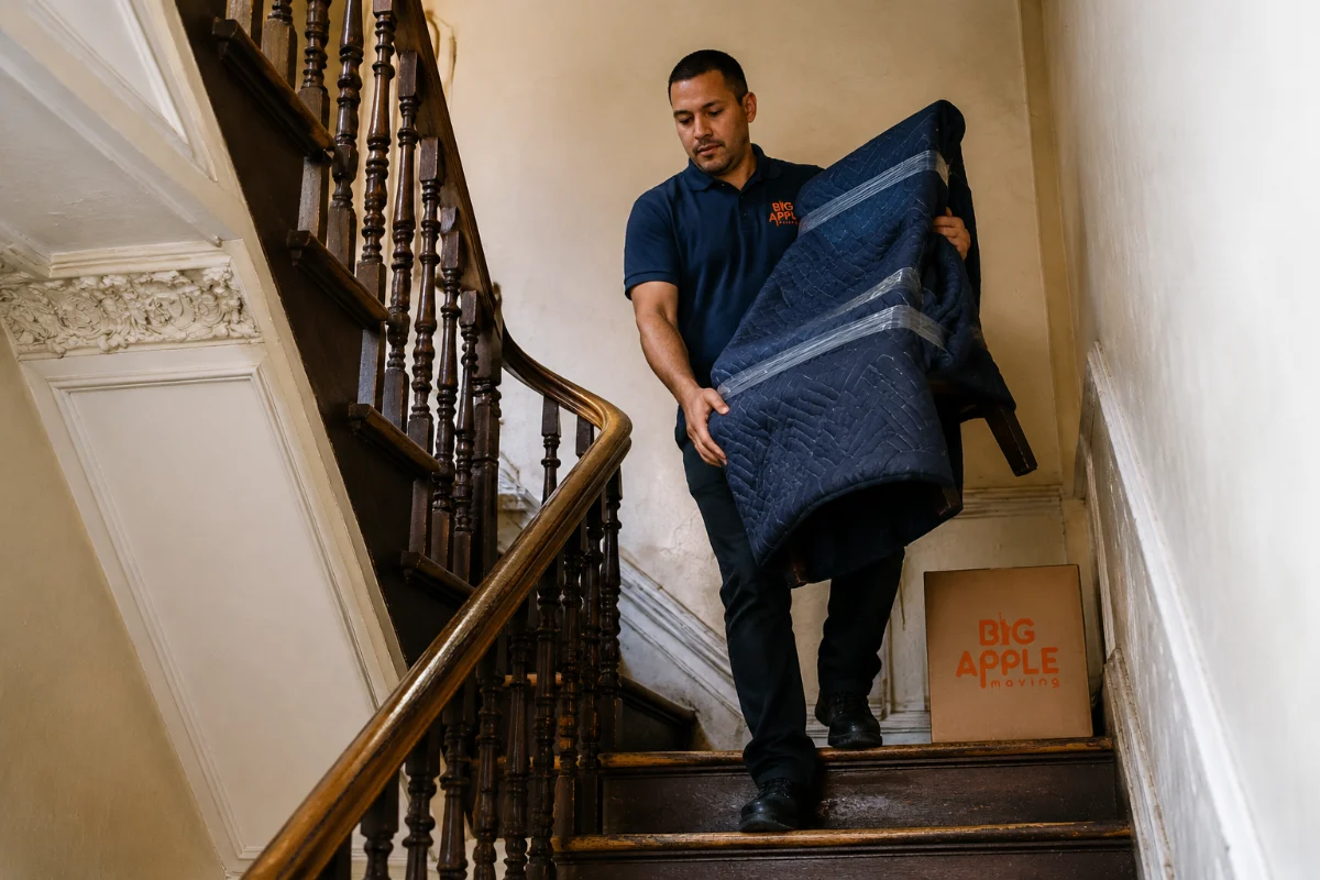 Mover carrying furniture down a Jersey City brownstone staircase