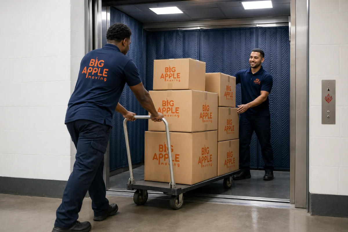 Movers loading boxes into a Jersey City building freight elevator