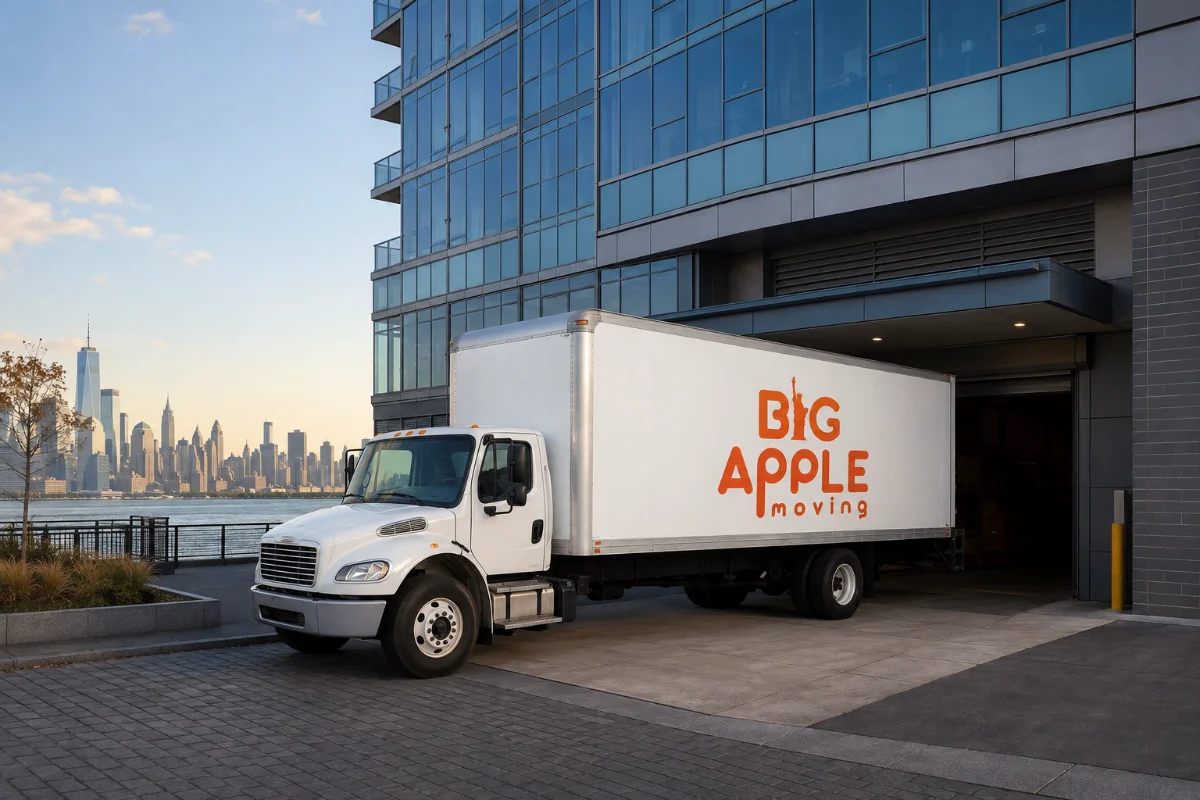 Big Apple Moving truck at a Jersey City waterfront building