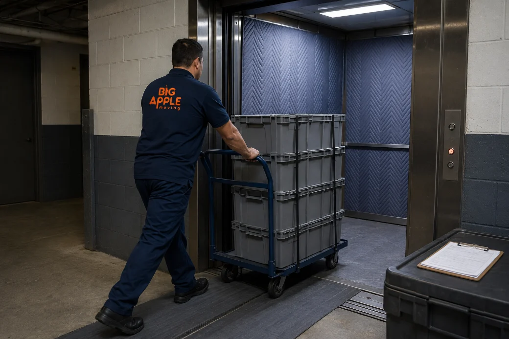Mover wheeling stacked crates into a building freight elevator during an after-hours office move in NYC