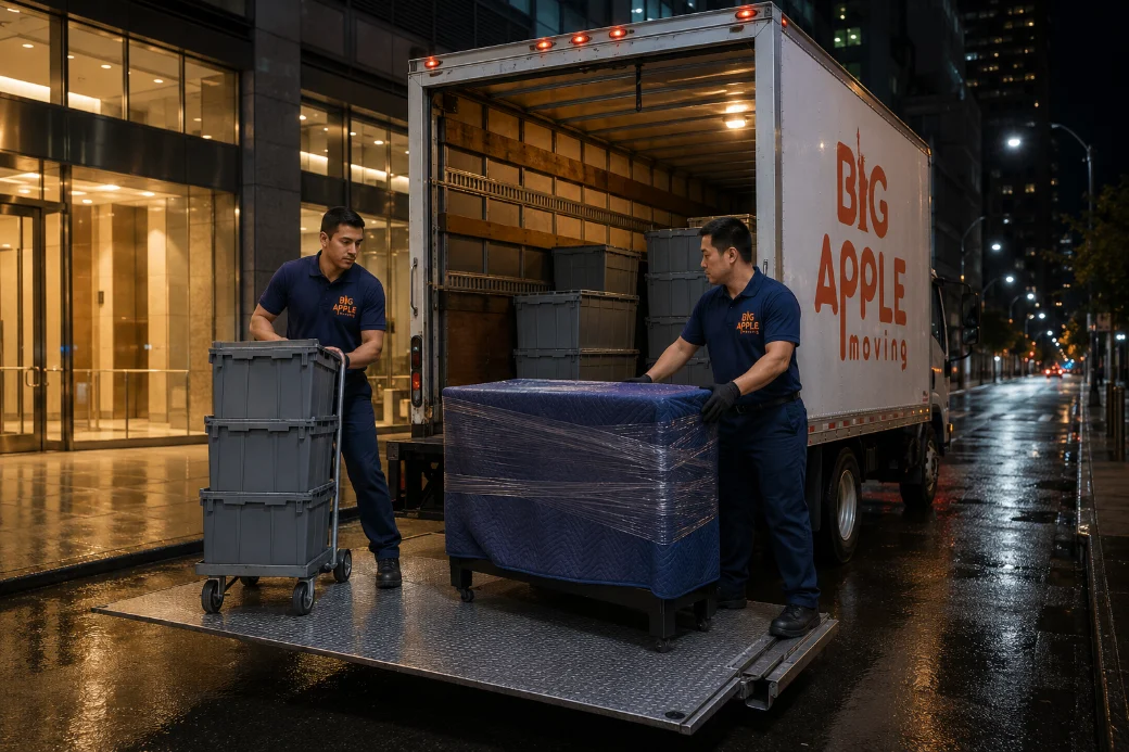 Big Apple Moving crew loading crated office equipment into a truck outside a Manhattan office building at night