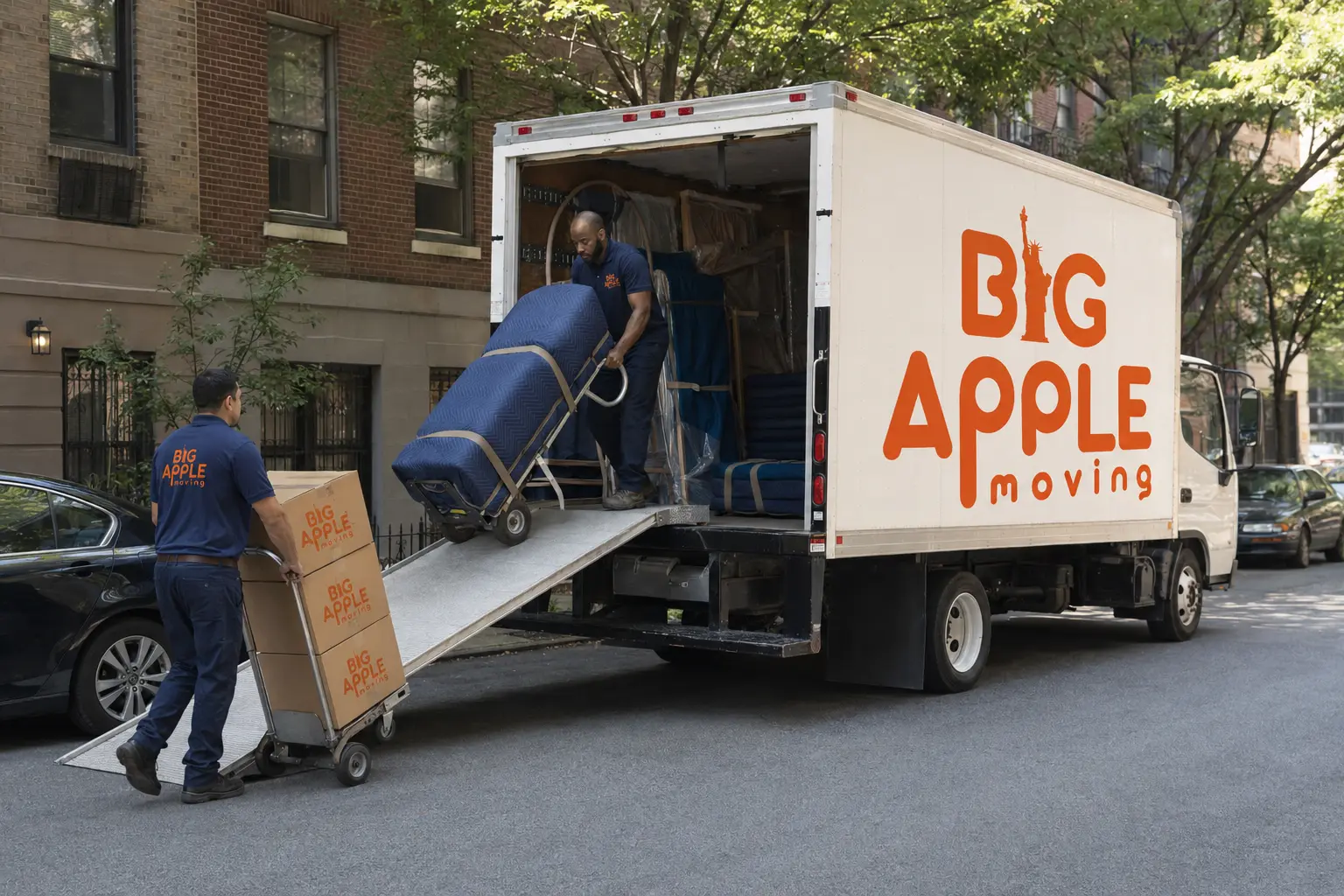 Big Apple Moving crew loading wrapped furniture and labelled cartons into a truck on a New York City street