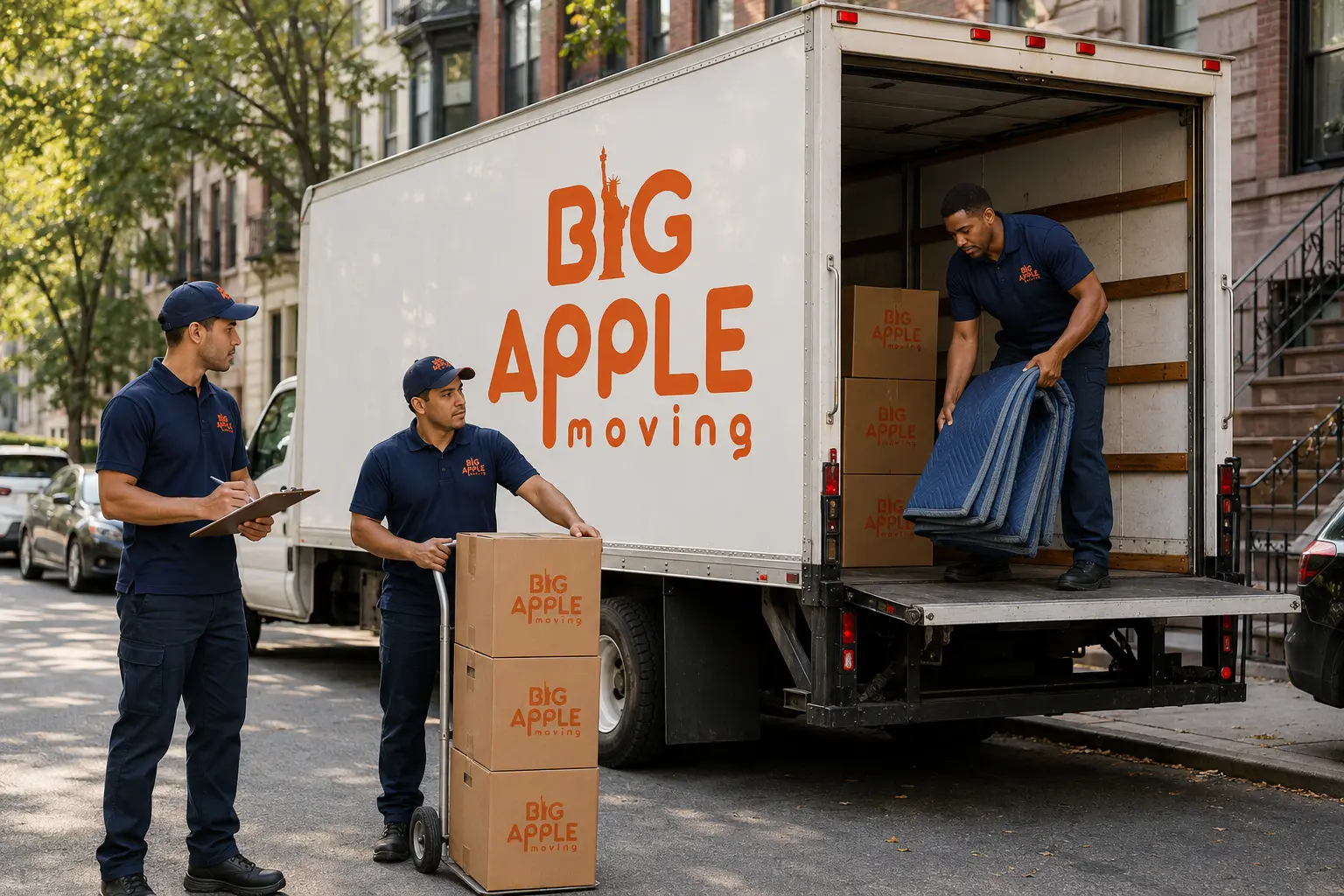 Big Apple Moving crew of three beside a branded truck before starting a local move in New York City