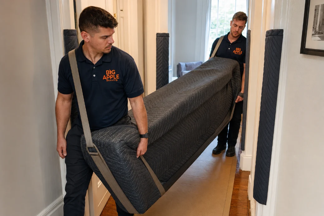 Two Big Apple Moving movers carrying a blanket-wrapped treadmill through a New York City apartment doorway