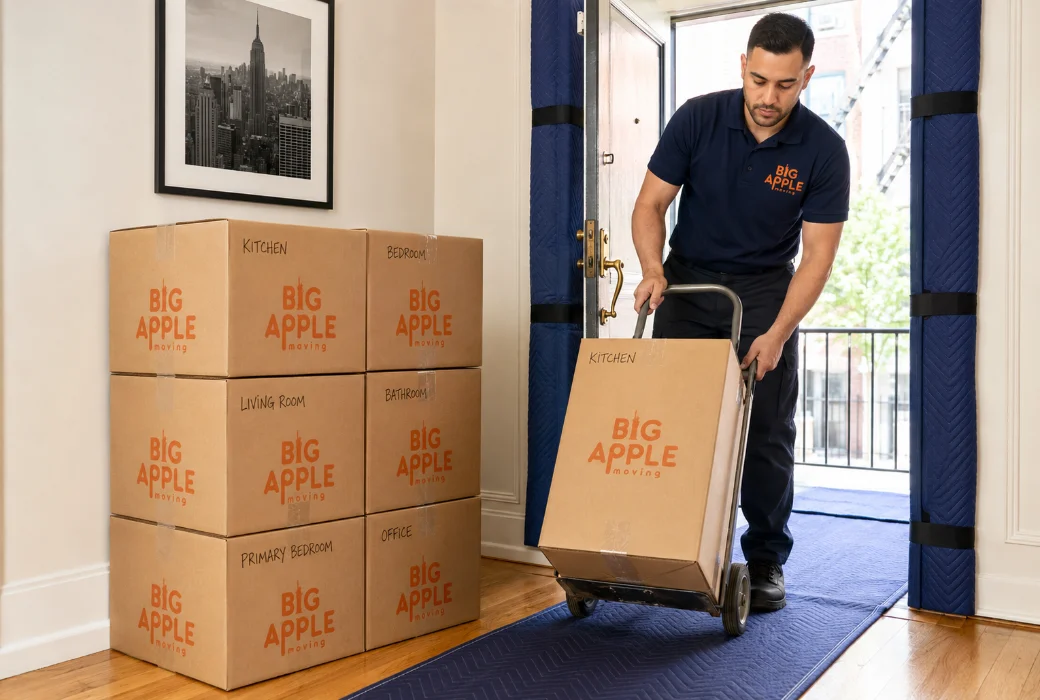 Big Apple Moving cartons sealed and stacked by an apartment doorway with a mover loading a dolly