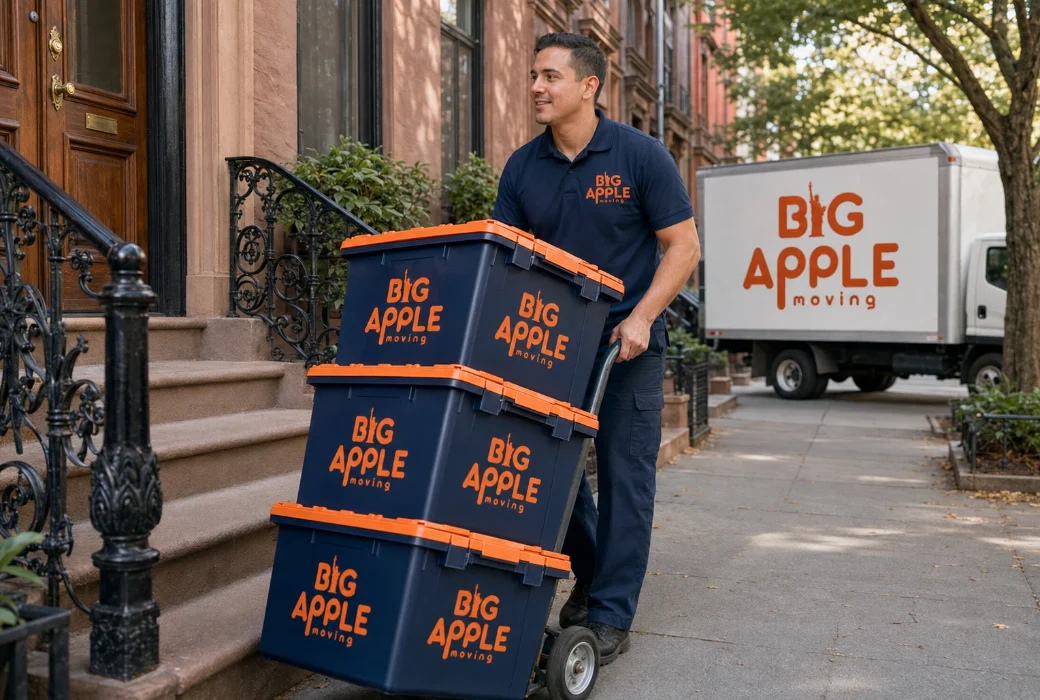 A Big Apple Moving mover in a branded navy polo wheeling a dolly stacked with plastic moving bins to a Brooklyn brownstone stoop with a branded truck behind
