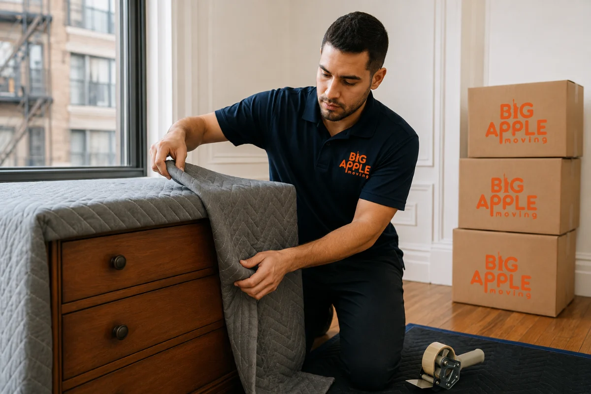 Big Apple Moving crew member wrapping furniture before a New York City move
