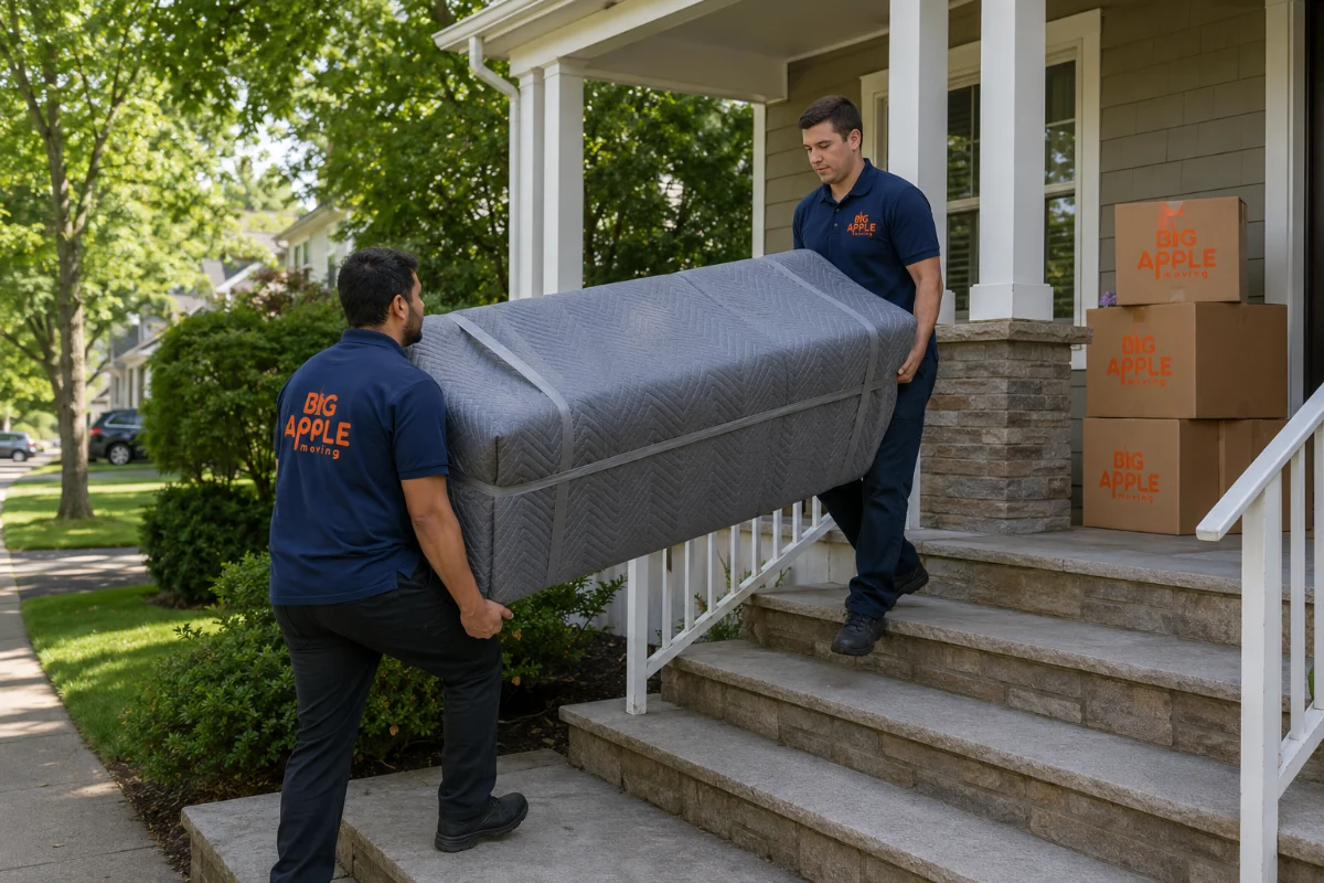 Big Apple Moving crew carrying a wrapped sofa into a New Jersey home